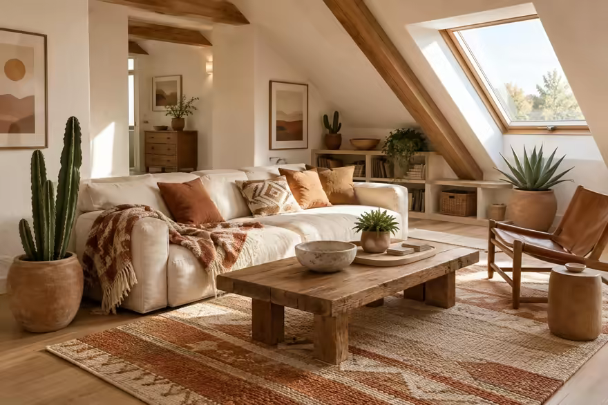 AI-generated desert modern attic interior design: one low wide sofa in warm ivory canvas under a woven geometric throw in rust and sand