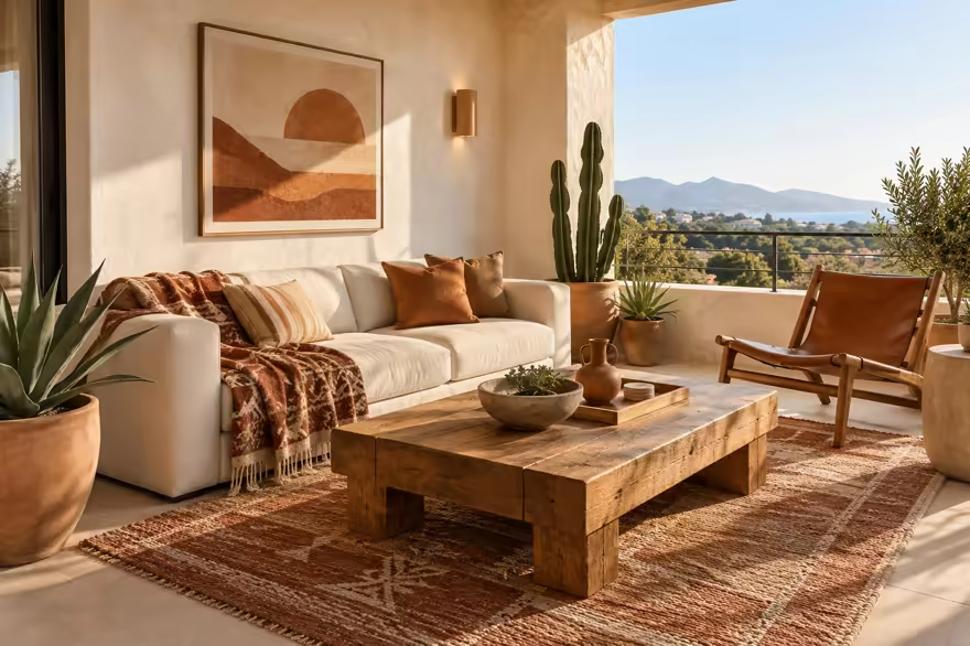 AI-generated desert modern balcony interior design: one low wide sofa in warm ivory canvas under a woven geometric throw in rust and sand