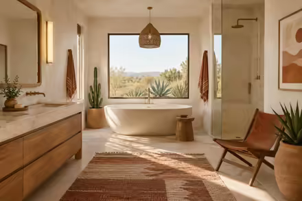 AI-generated desert modern bathroom interior design: one low wide sofa in warm ivory canvas under a woven geometric throw in rust and sand