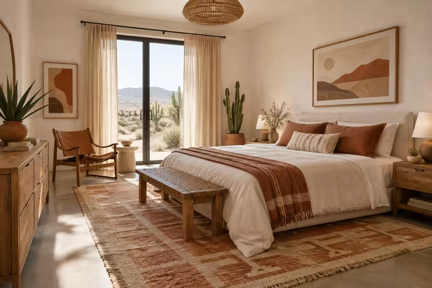 AI-generated desert modern bedroom interior design: one low wide sofa in warm ivory canvas under a woven geometric throw in rust and sand