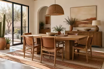 AI-generated desert modern dining room interior design: one low wide sofa in warm ivory canvas under a woven geometric throw in rust and sand