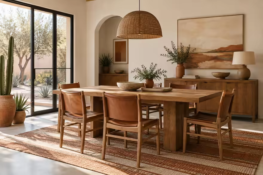 AI-generated desert modern dining room interior design: one low wide sofa in warm ivory canvas under a woven geometric throw in rust and sand