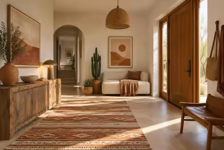 AI-generated desert modern entryway interior design: one low wide sofa in warm ivory canvas under a woven geometric throw in rust and sand