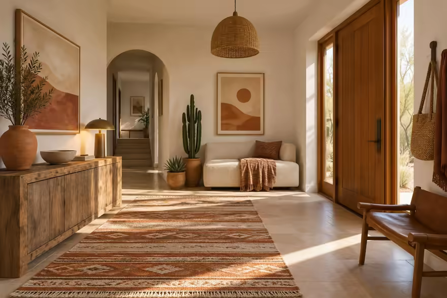 AI-generated desert modern entryway interior design: one low wide sofa in warm ivory canvas under a woven geometric throw in rust and sand