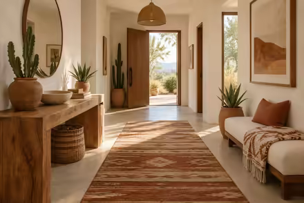 AI-generated desert modern hallway interior design: one low wide sofa in warm ivory canvas under a woven geometric throw in rust and sand