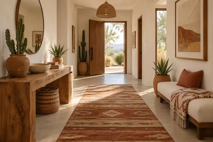 AI-generated desert modern hallway interior design: one low wide sofa in warm ivory canvas under a woven geometric throw in rust and sand