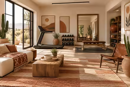 AI-generated desert modern home gym interior design: one low wide sofa in warm ivory canvas under a woven geometric throw in rust and sand