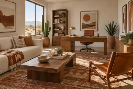 AI-generated desert modern home office interior design: one low wide sofa in warm ivory canvas under a woven geometric throw in rust and sand