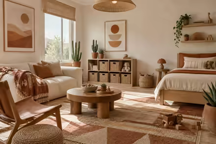 AI-generated desert modern kids room interior design: one low wide sofa in warm ivory canvas under a woven geometric throw in rust and sand