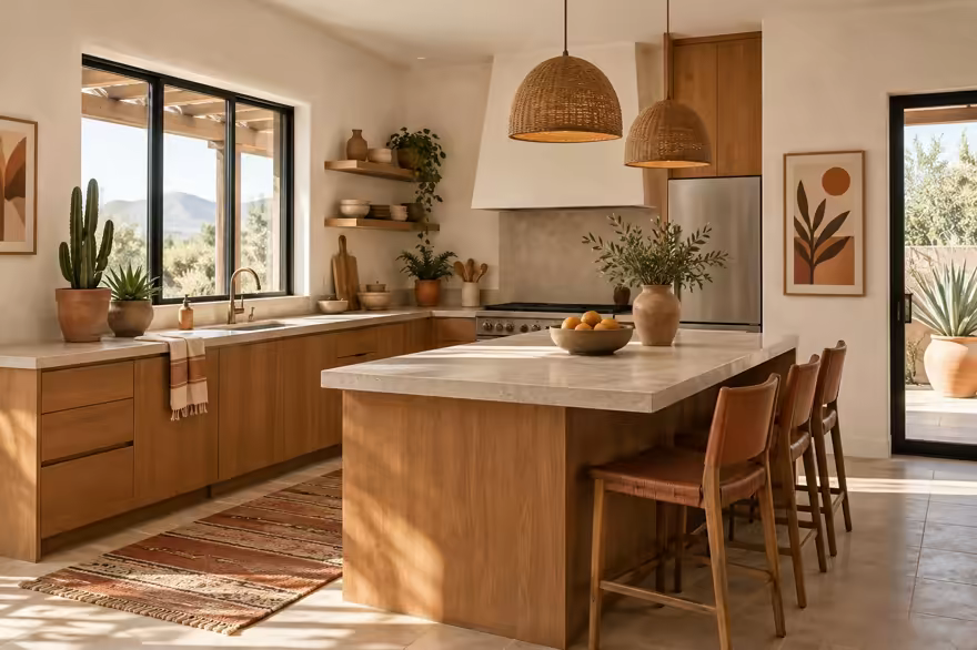 AI-generated desert modern kitchen interior design: one low wide sofa in warm ivory canvas under a woven geometric throw in rust and sand