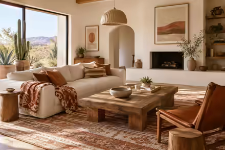 AI-generated desert modern living room interior design: one low wide sofa in warm ivory canvas under a woven geometric throw in rust and sand