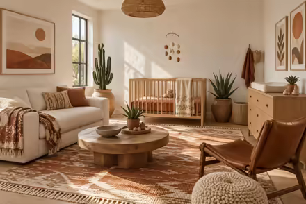AI-generated desert modern nursery interior design: one low wide sofa in warm ivory canvas under a woven geometric throw in rust and sand