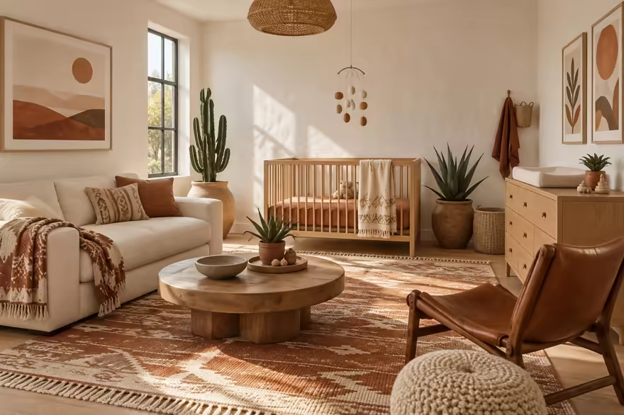 AI-generated desert modern nursery interior design: one low wide sofa in warm ivory canvas under a woven geometric throw in rust and sand