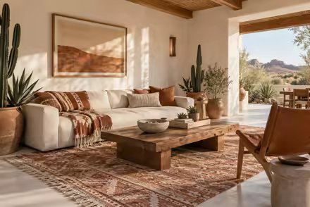 AI-generated desert modern patio interior design: one low wide sofa in warm ivory canvas under a woven geometric throw in rust and sand