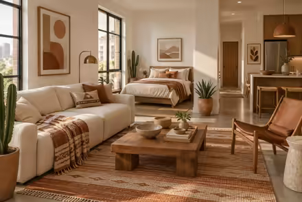 AI-generated desert modern studio apartment interior design: one low wide sofa in warm ivory canvas under a woven geometric throw in rust and sand