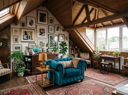 AI-generated eclectic attic interior design: bold saturated color