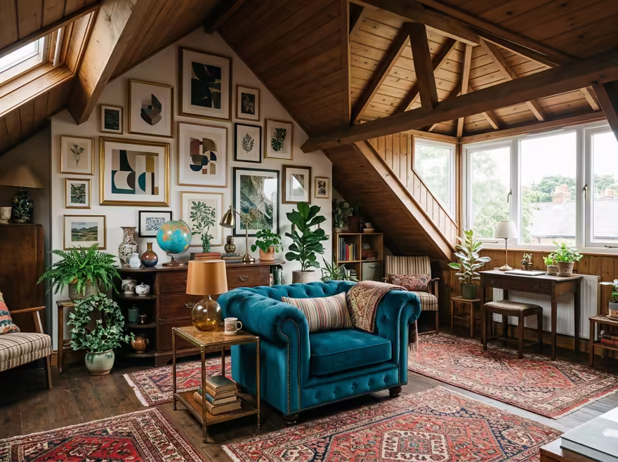 AI-generated eclectic attic interior design: bold saturated color