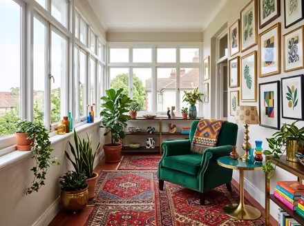 AI-generated eclectic balcony interior design: bold saturated color