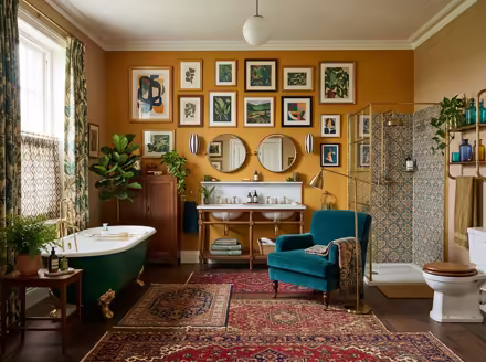 AI-generated eclectic bathroom interior design: bold saturated color