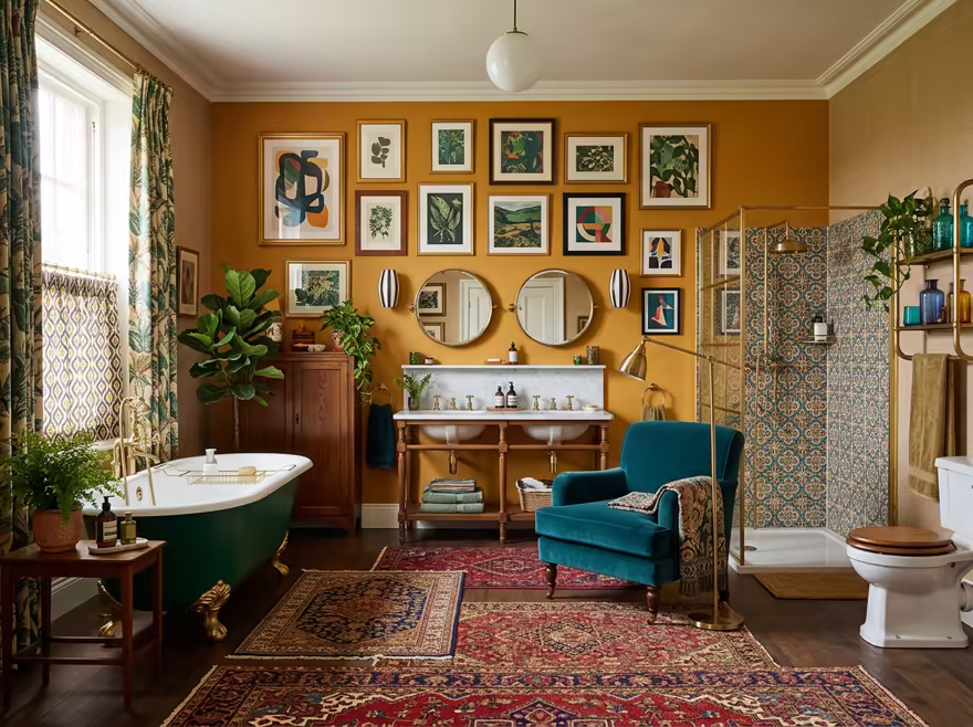 AI-generated eclectic bathroom interior design: bold saturated color