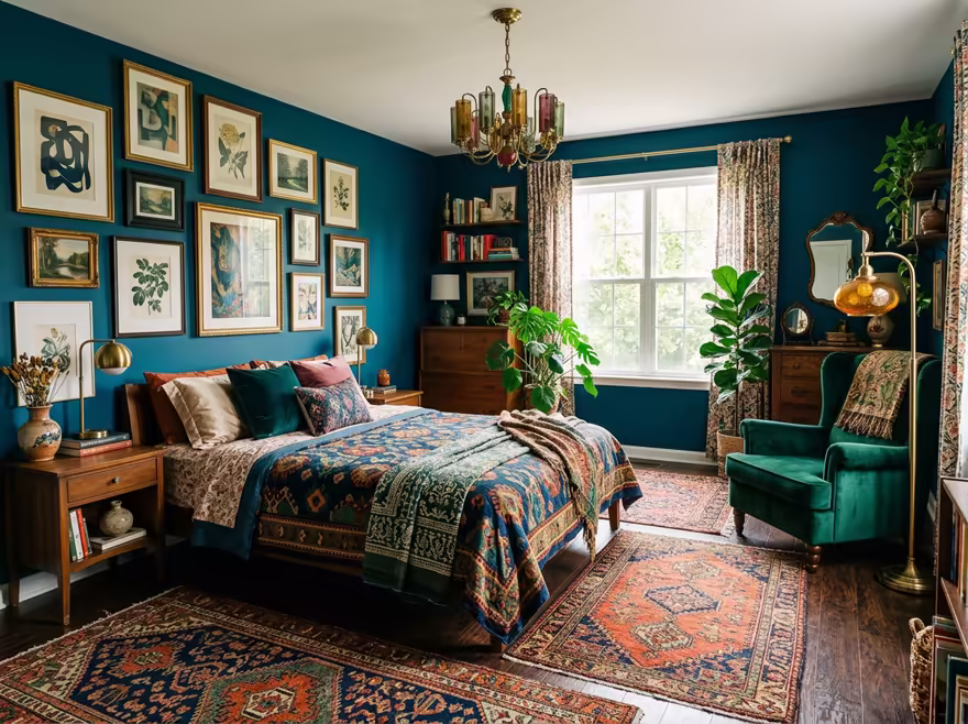 AI-generated eclectic bedroom interior design: bold saturated color