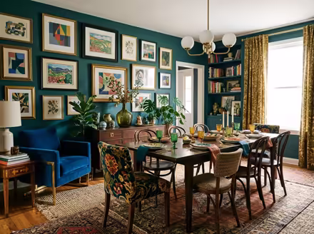 AI-generated eclectic dining room interior design: bold saturated color
