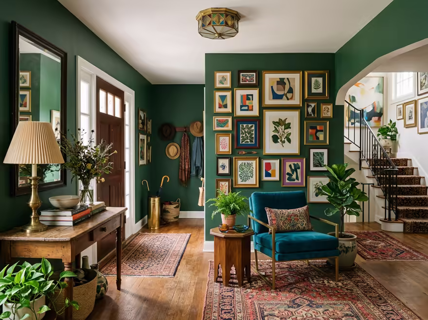AI-generated eclectic entryway interior design: bold saturated color