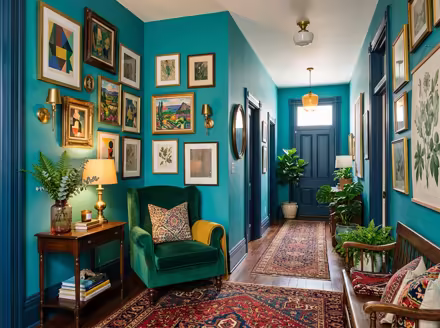 AI-generated eclectic hallway interior design: bold saturated color