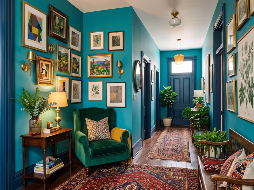 AI-generated eclectic hallway interior design: bold saturated color