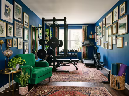 AI-generated eclectic home gym interior design: bold saturated color