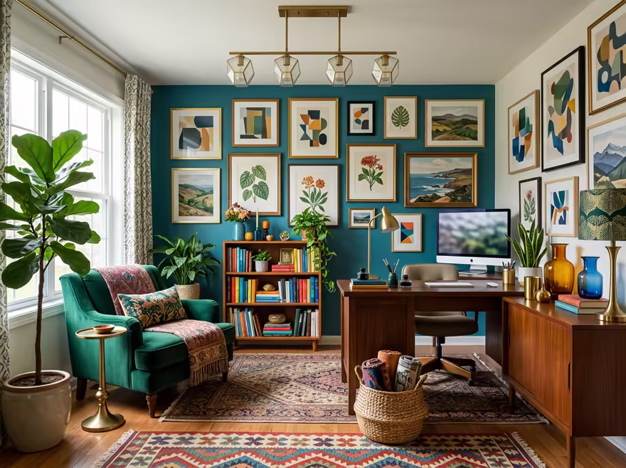 AI-generated eclectic home office interior design: bold saturated color