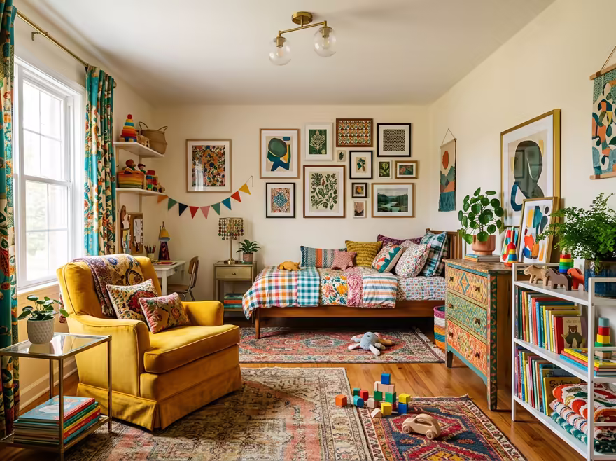 AI-generated eclectic kids room interior design: bold saturated color