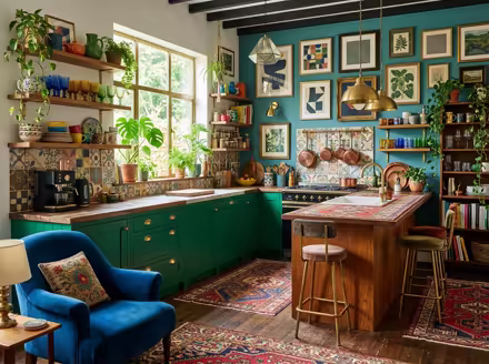 AI-generated eclectic kitchen interior design: bold saturated color
