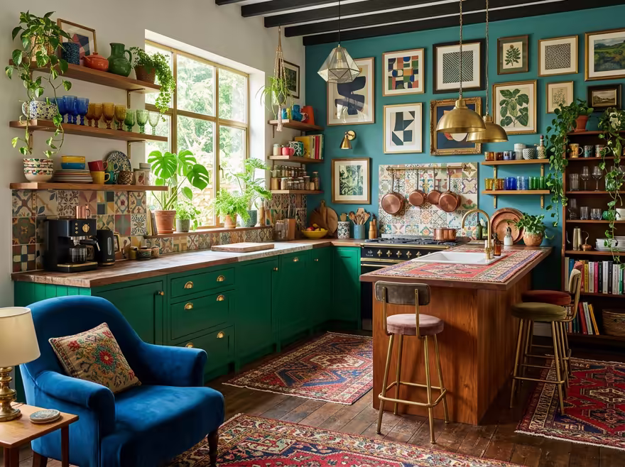 AI-generated eclectic kitchen interior design: bold saturated color