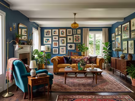 AI-generated eclectic living room interior design: bold saturated color