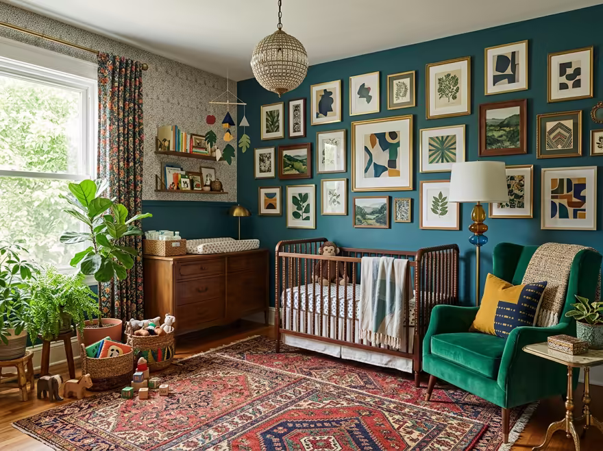 AI-generated eclectic nursery interior design: bold saturated color