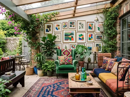 AI-generated eclectic patio interior design: bold saturated color