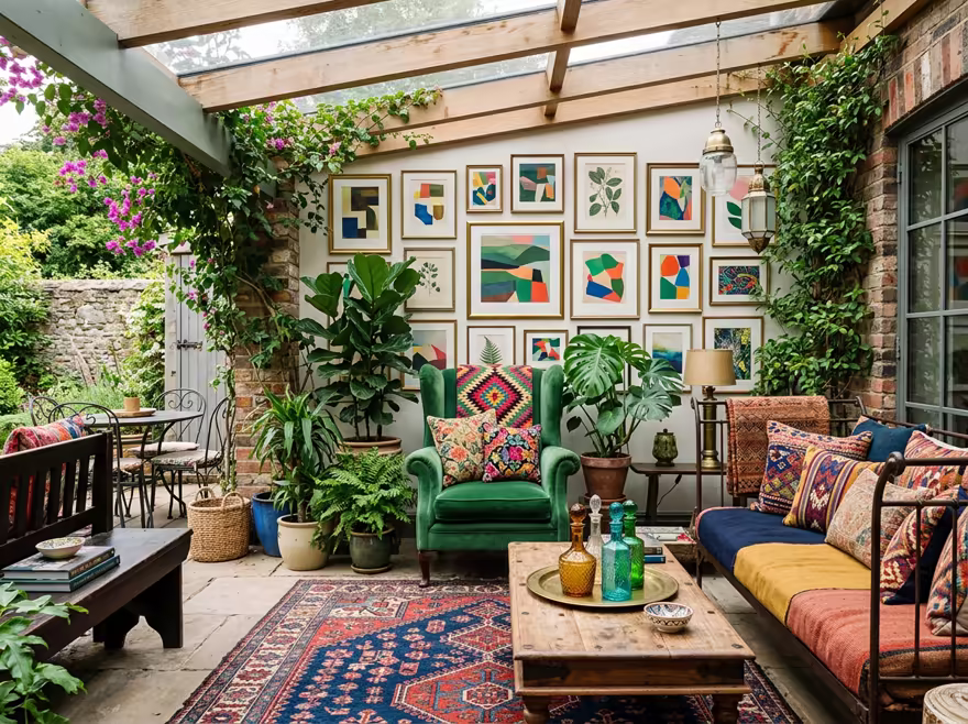 AI-generated eclectic patio interior design: bold saturated color