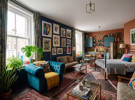 AI-generated eclectic studio apartment interior design: bold saturated color