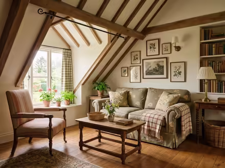 AI-generated english country attic interior design: turned-leg wood furniture