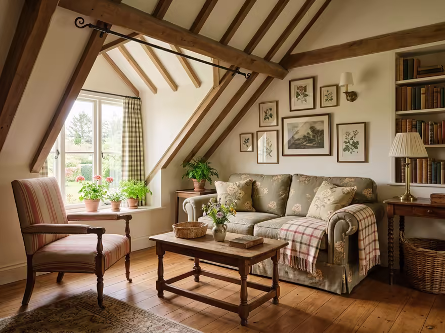AI-generated english country attic interior design: turned-leg wood furniture