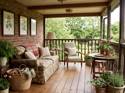 AI-generated english country balcony interior design: turned-leg wood furniture