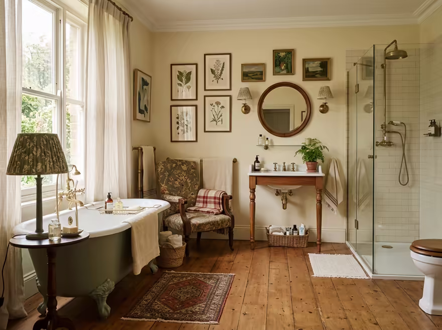 AI-generated english country bathroom interior design: turned-leg wood furniture