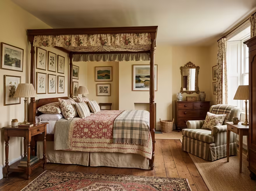 AI-generated english country bedroom interior design: turned-leg wood furniture