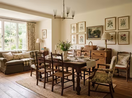 AI-generated english country dining room interior design: turned-leg wood furniture