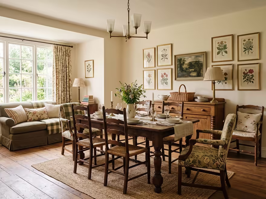 AI-generated english country dining room interior design: turned-leg wood furniture