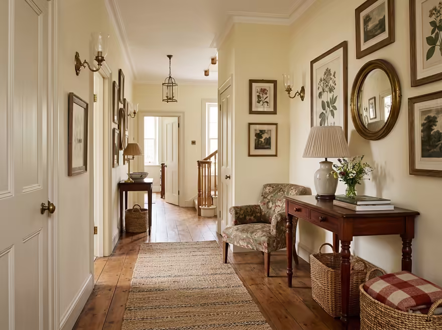 AI-generated english country hallway interior design: turned-leg wood furniture