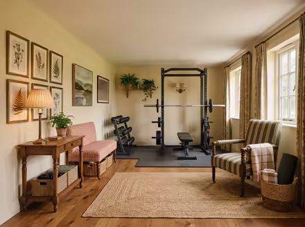 AI-generated english country home gym interior design: turned-leg wood furniture