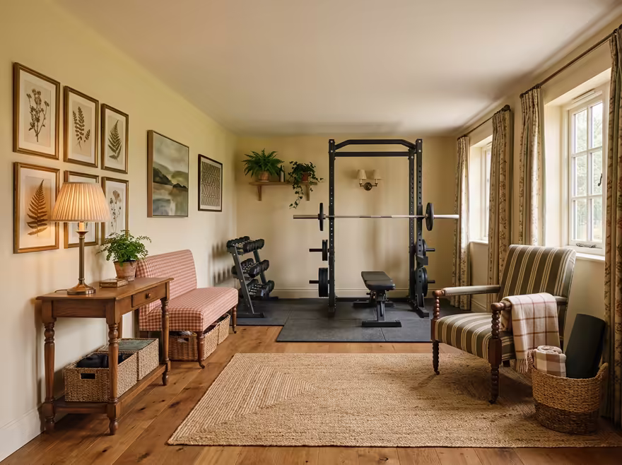 AI-generated english country home gym interior design: turned-leg wood furniture