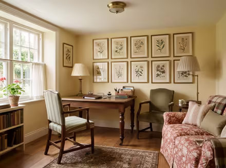 AI-generated english country home office interior design: turned-leg wood furniture
